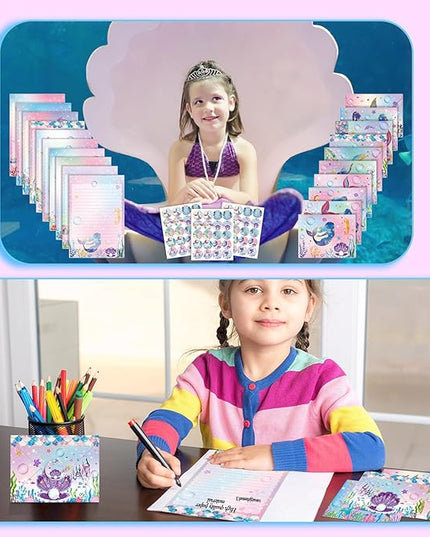 TaoBary 160 Pcs Stationery Paper Set 50 Double Sided Stationery Papers with 50 Matching Envelopes and 60 Round Dot Sticker, 10 Design(Mermaid,5.5 x 8.25 Inch)
