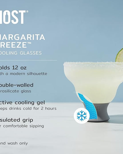 Host Glass Freeze Stemless Margarita Glasses Drinking Set, Insulated Cocktail Glass Set with Silicone Band, 12oz Margarita Glasses Set of 2 in Gray