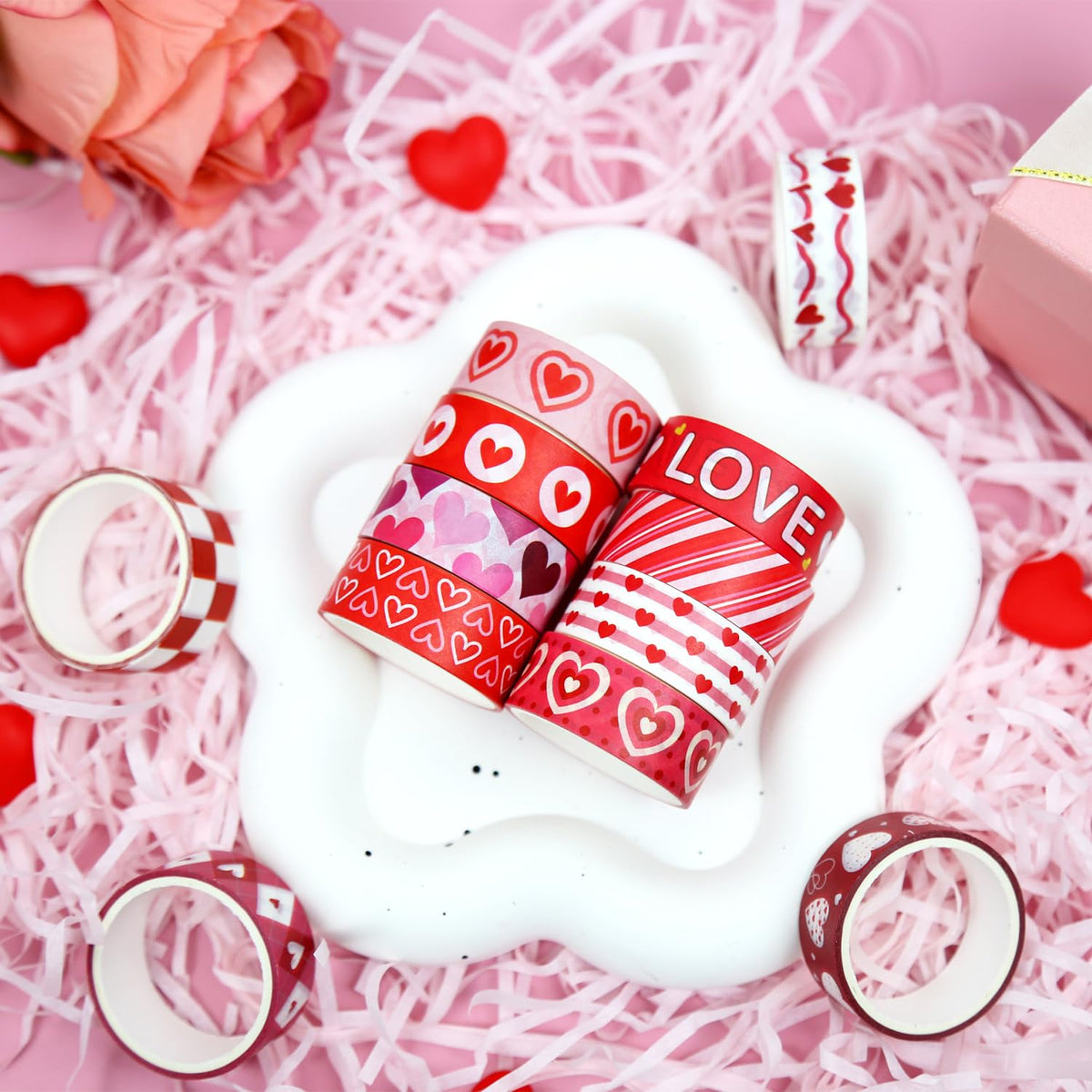 NIKOMIE 12 Rolls Love Heart Washi Tape Set, Pink Red Decorative Tape Valentine Stripe Dots Masking Tape for Journaling Supplies,Wedding Party,Junk Journal, Scrapbooking, Planner, DIY Arts & Crafts