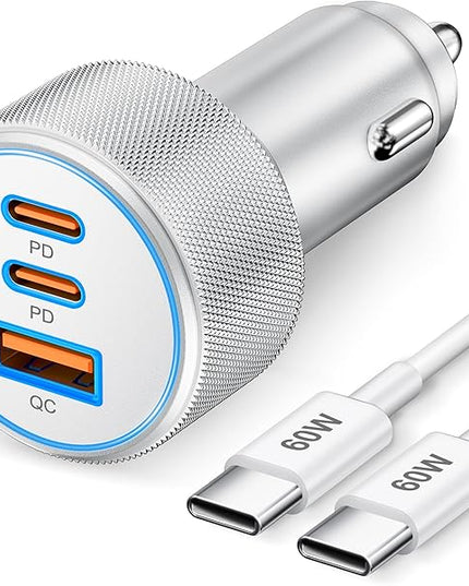67W 3-Port Super Fast Type C Car Charger USB C for iPhone 17/Air/16/16e/15 Pro Max, Samsung Galaxy S25 S24 S23, Pixel, Android, Car Adapter Accessories for Men Women + 3FT USB-C Cable Silver