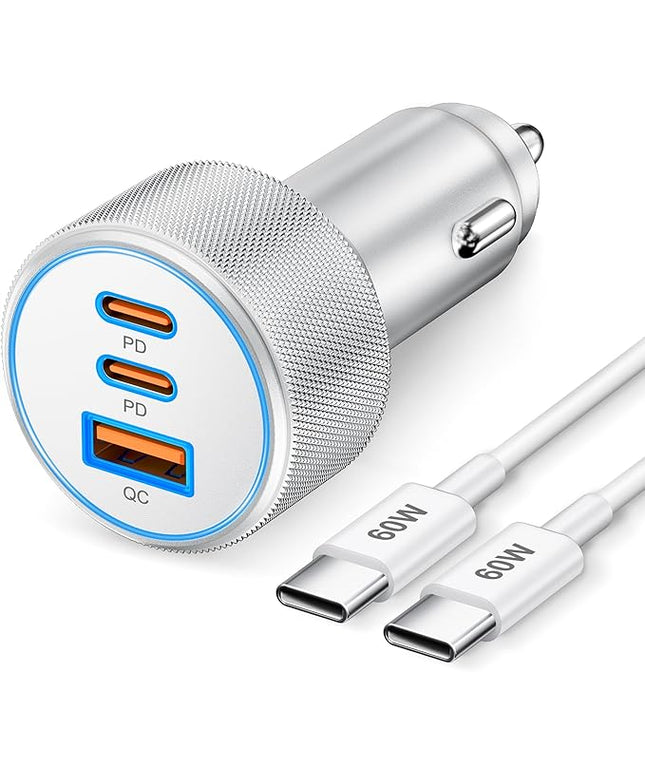 67W 3-Port Super Fast Type C Car Charger USB C for iPhone 17/Air/16/16e/15 Pro Max, Samsung Galaxy S25 S24 S23, Pixel, Android, Car Adapter Accessories for Men Women + 3FT USB-C Cable Silver