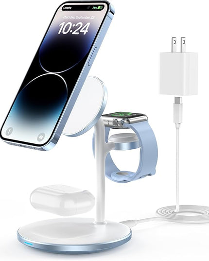 XooFly 3 in 1 Wireless Charging Station for Apple Devices, Fast Wireless Mag-Safe Charger Stand with 20W Adapter for iPhone 17/16 15 14 13 12 Pro Max/Pro/Plus/Air/Mini, iWatch, AirPods (Light Blue)