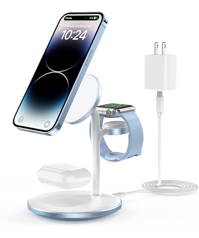 XooFly 3 in 1 Wireless Charging Station for Apple Devices, Fast Wireless Mag-Safe Charger Stand with 20W Adapter for iPhone 17/16 15 14 13 12 Pro Max/Pro/Plus/Air/Mini, iWatch, AirPods (Light Blue)