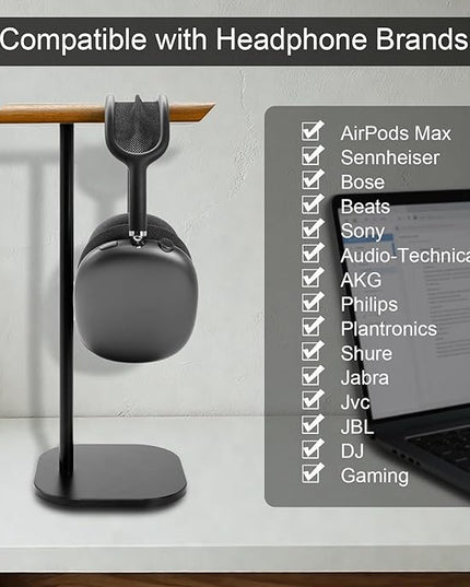 GEVO Headphone Stand for Desk, Walnut Wood & Aluminum Headset Stand, Universal Walnut Gaming Headset Holder with Solid Heavy Base for AirPod Max, Bose, Sony All Headphone Sizes (Square Base)