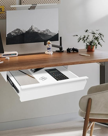 16" Under Desk Drawer Slide Out For Office Desk, Storage Organizer For Sit Stand Workstation, White