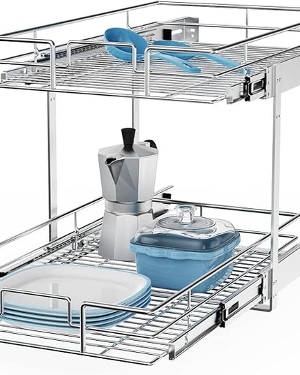 ROOMTEC Individual Pull Out Cabinet Organizer (14" W x 18" D), 2 Tier Spice Rack Organizer for Cabinet, Slide Out Drawer Pantry Shelf Organization and Storage for Kitchen Bathroom