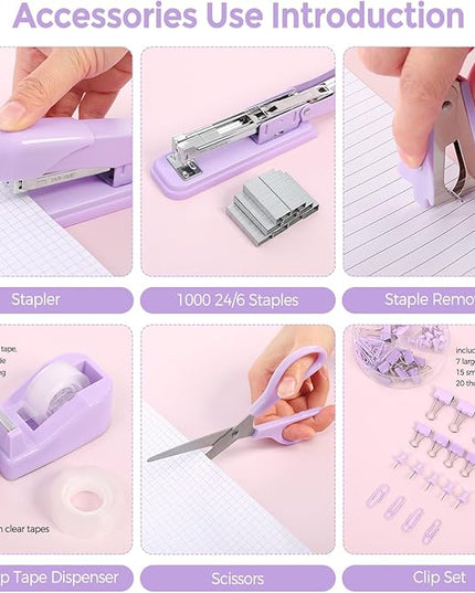 SKYDUE Purple Desk Accessories, Purple Office Supplies Set, Stapler, Tape Dispenser, Scissors, Binder/Paper Clips and 1000pcs Staples,Office Supplies for Women