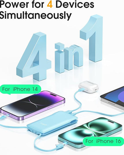 TG90° 10000mAh Power Bank with Built-in AC Wall Plug and Cables, Ultra Slim Phone External Battery Pack Portable Charger Compatible with iPhone and Android Devices