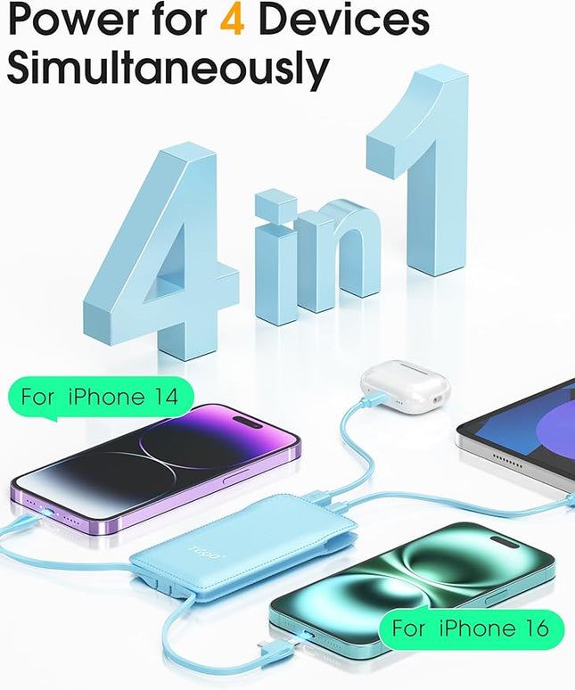 TG90° 10000mAh Power Bank with Built-in AC Wall Plug and Cables, Ultra Slim Phone External Battery Pack Portable Charger Compatible with iPhone and Android Devices