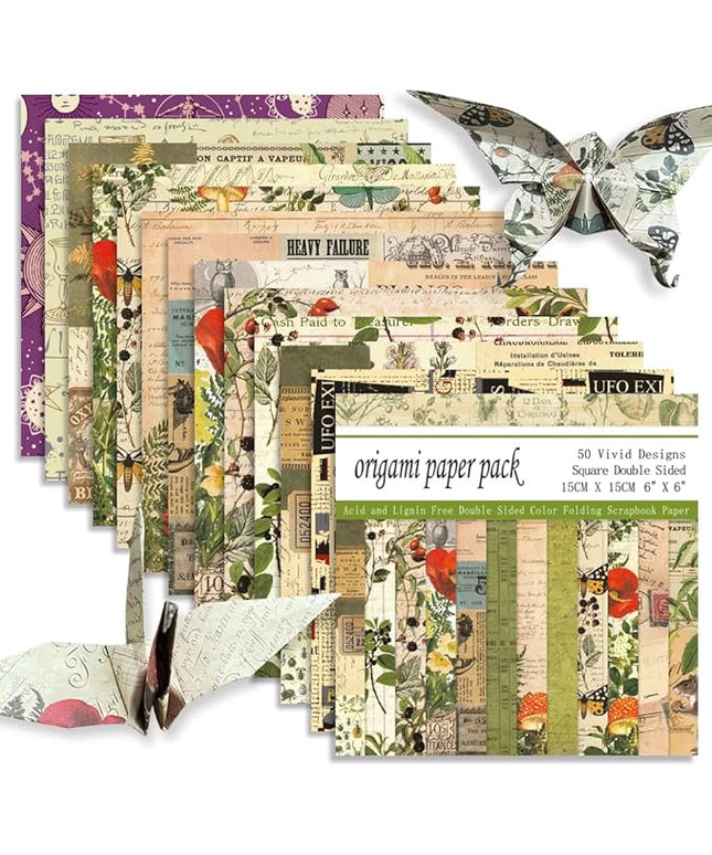 Square Origami Paper 6x6 Double Sided 50 Sheets 50 Colors 70GSM Origami Kit Japanese Chiyo Easy Fold Arts Crafts DIY Handwork Beginner Retro Newspapers