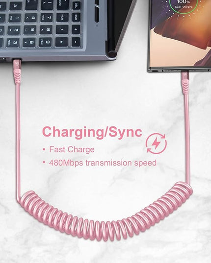 USB C to C Cable 3FT for Car, Coiled USB C Fast Charging Cable for iPhone 17/16/15, 2Pack Type C Cord for iPhone 15/Plus/Pro/Pro Max/Samsung Galaxy S23-Pink
