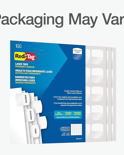 Redi-Tag Products - Redi-Tag - Laser Printable Index Tabs, 1 1/8 in, White, 100/Pack - Sold As 1 Pack - Create permanent professional-quality indexes. - Sturdy plastic self-adhesive tabs attach to any page. - Templates compatible with Windows version o...