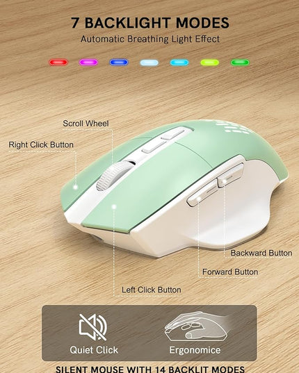 SABLUTE Ergonomic Wireless Keyboard and Mouse Combo - Wave Keyboard with Soft Leather Wrist Rest, Resistant Keys, RGB Backlit Rechargeable Set for PC/Mac/Chromebook (Green)