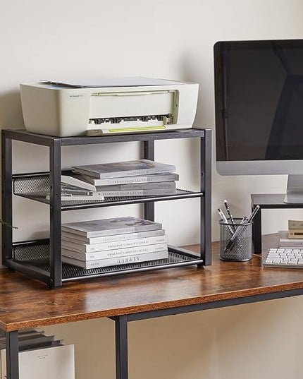 YMYNY Desktop Printer Stand, 3 Tiers Desk Organizer with Adjustable Storage Shelves, Multi-Purpose Printer Shelf for Home Office, Fax Machine, Scanner, Files, Books, Black, UHPT001B