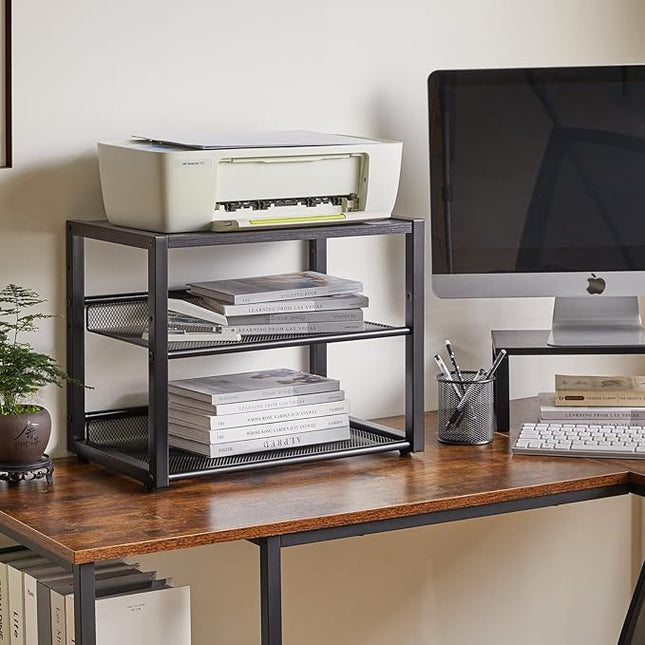 YMYNY Desktop Printer Stand, 3 Tiers Desk Organizer with Adjustable Storage Shelves, Multi-Purpose Printer Shelf for Home Office, Fax Machine, Scanner, Files, Books, Black, UHPT001B