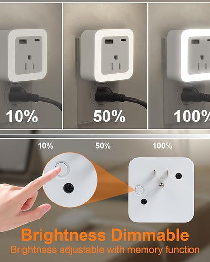 JackonLux Night Lights Plug Into Wall 2 Pack Rechargeable Battery Backup Light Dusk to Dawn Sensor Night Light with Outlet Expander for Adults Kids Bedroom, Kitchen, and Bathroom (Daylight - 5000K)