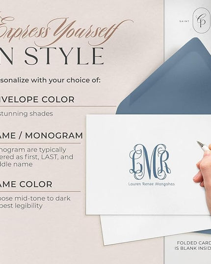 Curio Press Personalized Stationery for Women & Men-Folded Thank You Cards with Custom Notecards, Personalized Note Cards with Envelopes, Name & Initials Monogrammed, Custom Stationery -Vine Mono Fold