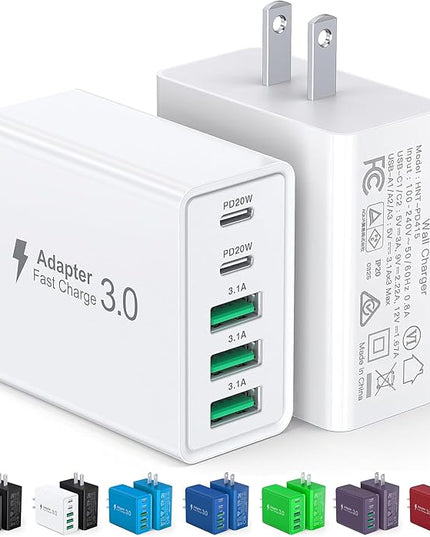 [2-Pack] USB C Wall Charger,60W 5-Port PD Fast USB C Charging Block,2USB C+3USB A Multiport Plug,Type C Power Adapter Brick Cube for iPhone 17/16/15/14/13/12/Pro Max/XS,iPad,for Switch,Samsung,Ultra 2