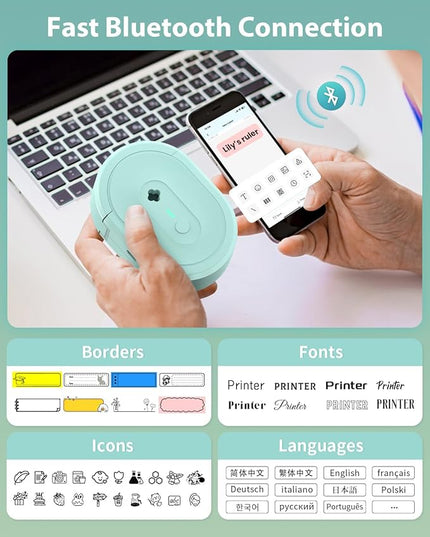 Label Maker Machine with Tape, N12 Portable Bluetooth Label Printer, Wireless Mini Label Makers Thermal Sticker with Multiple Templates for Home, Kitchen, School, Office Organization, Green