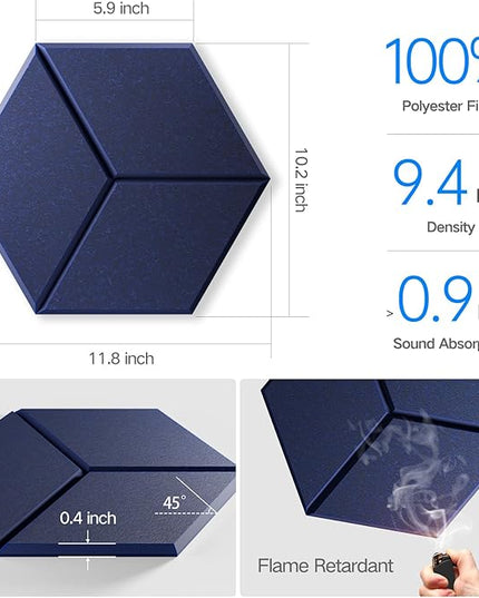 16 Pack Self-Adhesive Acoustic Panels 12" X 10" X 0.4" - Sound Proof Foam Panels for Wall with High Density, Y-Lined Design, Flame Resistant, Absorb Noise and Eliminate Echoes(Dark Blue)