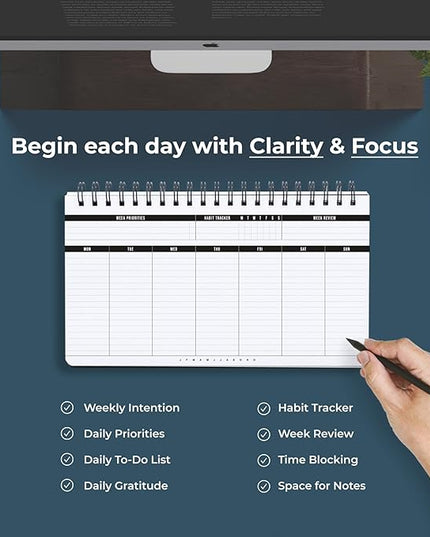 Undated Weekly Planner 2026 | Daily Agenda To Do List Notepad Day Planner Notebook | Monthly School Task, Work Schedule Planners | Yearly Horizontal Calendar Spiral Desk Organizer | Habit Tracker