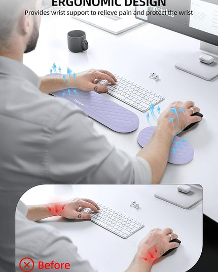 TopMade Upgraded Wider Wrist Rest Set, Soft Memory Foam Keyboard Hand Rest Pad, Computer Ergonomic Keyboard Mouse Wrist Support for Typing Pain Relief, Comfort for Office, Gaming, Study, Purple