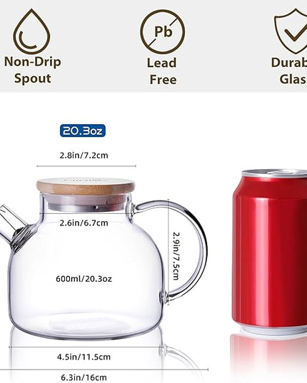CnGlass Glass Teapot Stovetop Safe,20.3 oz Clear Tea pot with Removable Filter Spout,Loose Leaf and Blooming Tea Maker