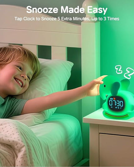 Alarm Clock for Kids with Night Light, Sleep Training Clock Time to Wake Clock, Rechargeable Silicone Light for Bedroom, Perfect Sleep Companion for Boys Girls, Green Elephant