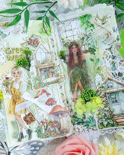 Dwpetzo Spring Cottage Scenery Scrapbook Stickers, 20 Sheets A5 Pre-Cut PET Washi Stickers Book for Journaling, Junk Journal Supplies, Bujo, Collage, Crafts Arts