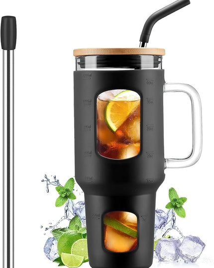 Glass Tumbler with Straw and Lid, 40 oz glass cup with handle, Glass Water Bottles with Time Marker, Silicone Protective Sleeve-Black