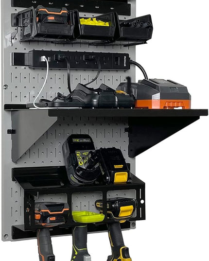 Wall Control Power Tool Storage Organizer Kit Cordless Drill Holder Charging Station Rack 16” x 32” Metal Pegboard Organization System (Grey Pegboard)