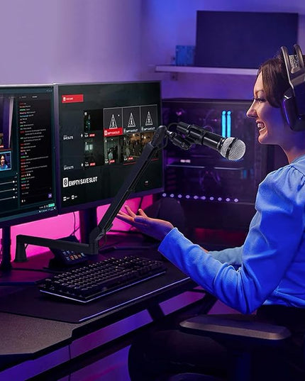 Low Profile Mic Arm 15cm Extra Riser Adjustable Mic Boom Arm Metal Desk Mounted Microphone Stand Cable Management Flexible Microphone Holder for Podcast Streaming Gaming Desktop