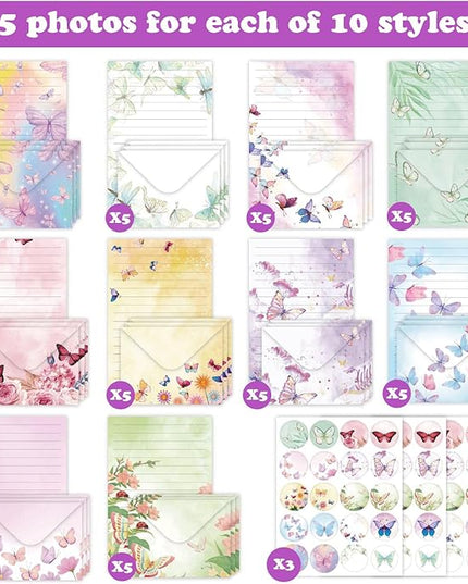 160 Pcs Stationery Paper Envelopes Set Includes 50 Lined Writing Paper & 50 Envelopes with 60 Colorful Round Dot Stickers, Cute Vintage Butterfly Letter Writing and Stationery Paper Envelopes(10Style)