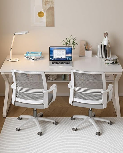 Extra Long Desk with Bookshelf - 55" Double Long Writing Table for 2-Person Workstation, Modern Study Work Computer Desk for Home and Office, Warm White