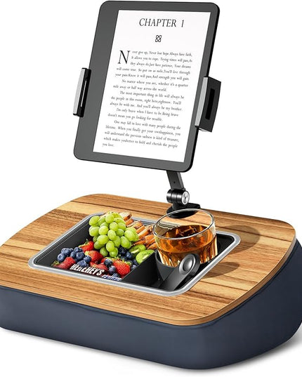 Lap Beanbag Tablet Pillow Stand,Adjustable iPad Holder with Snack Bowl,360° Rotating Clip for 4.7-13" Kindle,Phone,Tablet.Ideal for Hands-Free Reading and Relaxation on Bed,Couch,Recliner,Gray