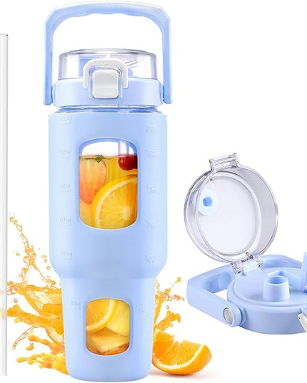 BLUEGO 40oz Glass Tumbler with Lid and Straw, Glass Water Bottles with Handle, Glass Cup with Time Marker and Silicone Sleeve, Fits Most Cup Holder, Leak-proof, Blue