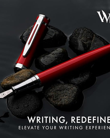 Wordsworth & Black Fountain Pen Set, Medium Nib, Includes 24 Pack Ink Cartridges, Ink Refill Converter & Gift Pouch, Chrome Finish, Calligraphy, [Crimson Red], Perfect for Men & Women