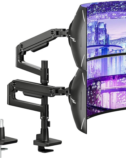 ARES WING Dual Monitor Arm Desk Mount for 17-49 Inch Ultrawide Monitors, Heavy Duty Dual Monitor Mount Holds 44 lbs, Full Motion Gas Spring Vertical Stacked Monitor Mount, 75/100 VESA Mount, Black