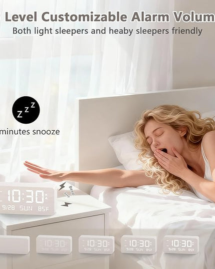 Fomobest Wooden Digital Alarm Clock for Bedroom - Desk Clock with Date, Day of Week, Temperature, Dual Alarms, Dimmer, USB Port Charge, DST, Adjustable Volume for Living Room/Office Wood Decor (White)