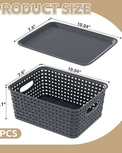 Xyskin Small Plastic Storage Basket with Lid, Set of 6 Weave Plastic Baskets, Grey
