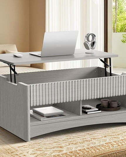 Marsail Lift Top Coffee Table with Open & Hidden Storage, Modern Fluted Coffee Table with Smooth Lift Mechanism, Sturdy Space-Saving Center Table for Home Living Room, Office, Light Grey