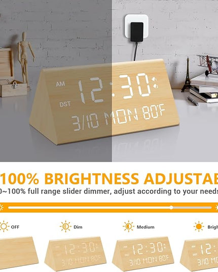 Kogonee Wooden Digital Alarm Clock, 0-100% Dimmer, 2 Alarm Settings, Weekday/Everyday Mode, 9 Mins Snooze, 12/24H, Temperature and Date Display for Office, Travel, Bedroom Alarm Clock (Bamboo)