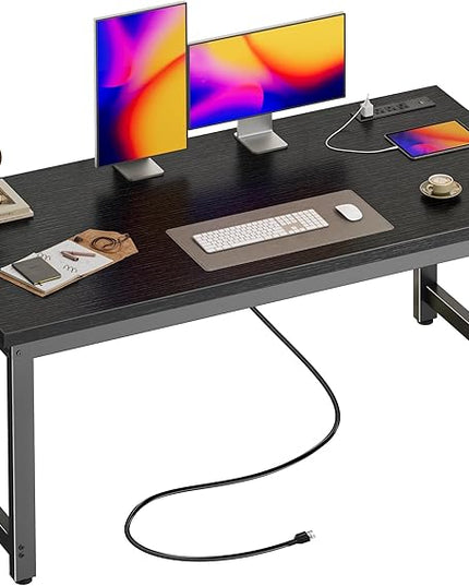 Huuger 55 x 24 inch Desk with Power Outlets & USB-C, Deeper & Thicker Desktop, Robust Metal Tubes, Computer Desk, Heavy Duty Office Desk, Work Gaming Desk for Home Office, Black