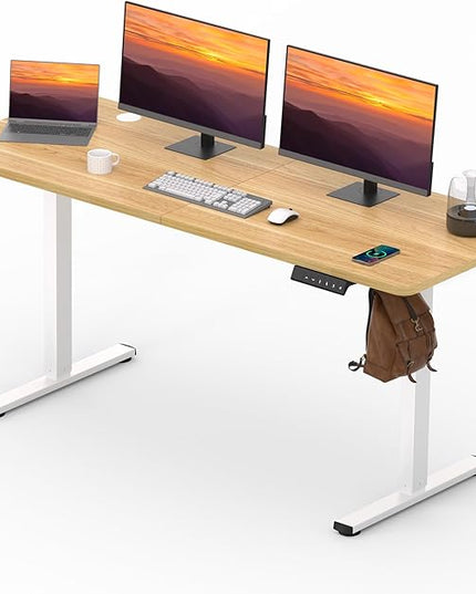 Adjustable Standing Desk, 63x24 Inches Home Office Desk with Memory Preset Computer Workstation Maple Top + White Frame