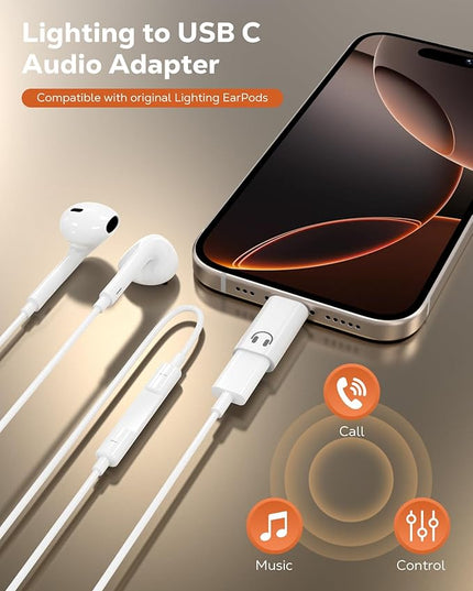 MoKo Lightning to USB C Adapter for Headphones for iPhone Air 17 16 15 Pro Max Plus, Lightning to USB C Adapter Audio for iPad Pro/Air, Not for Charging/Data Transfer/Lavalier Mic/Speakers