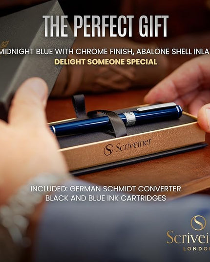 Scriveiner Midnight Blue Fountain Pen - Stunning Luxury Pen with Chrome Appointments, Schmidt Nib (Medium), Best Pen Gift Set for Men & Women, Professional, Executive, Office, Nice Pens