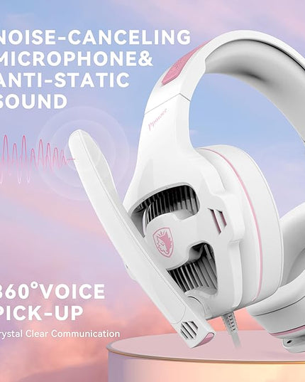 Globalsades SA726 Stereo Gaming Headset for Xbox One PS4 PS5 Controller, Over Ear Headphone with Mic Noise Cancelling Headset for PC Xbox Series (White Pink)