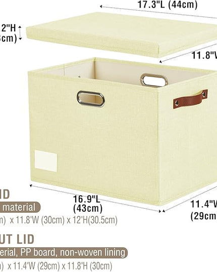 17" Large Collapsible Storage Bins with Lids, Stackable Closet Organizers with PU Handle and Labels, 3-Pack Decorative Fabric Storage Boxes for Home, Bedroom, Closet, Office, Nursery(Beige)