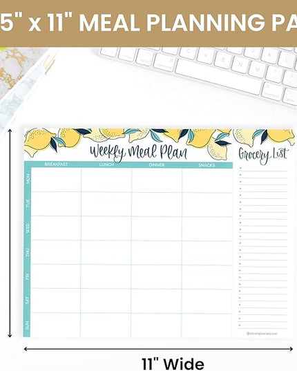 bloom daily planners Horizontal Weekly Magnetic Meal Planning Pad for Fridge with Tear-Off Grocery Shopping List - Hanging Food/Menu Organizer Notepad with Magnets - 8.5” x 11” - Lemons