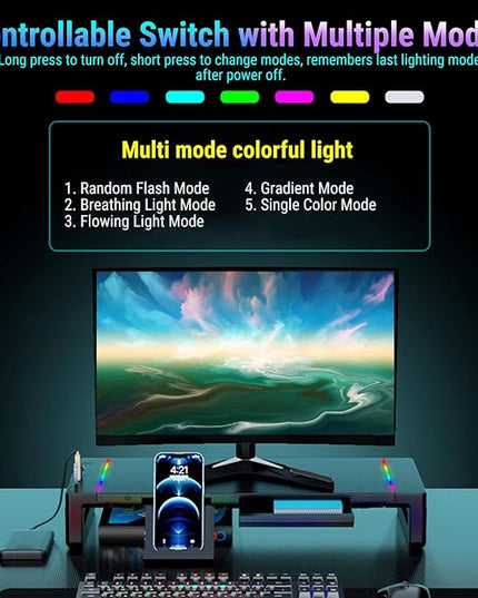 Yunseity Monitor Stand with 4 USB Ports, Height Adjustable Monitor Riser with Phone Charger, USB Ports Hub and Drawer Storage, RGB Lighting Desktop Organizer for Laptop TV Speaker